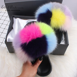 ETHEL ANDERSON Fur Slippers Women Real Fox Fur Slides Furry Flat Sandals Female Cute Fluffy Shoes