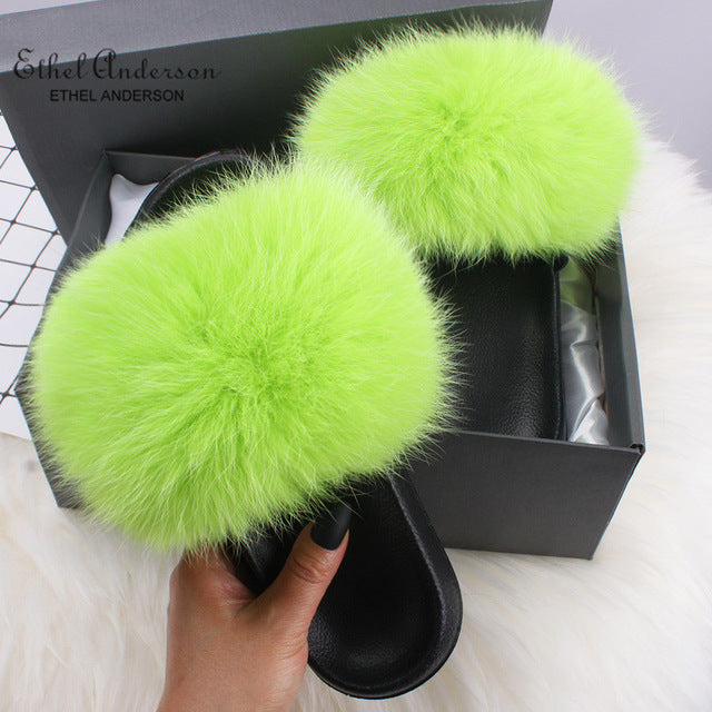ETHEL ANDERSON Fur Slippers Women Real Fox Fur Slides Furry Flat Sandals Female Cute Fluffy Shoes