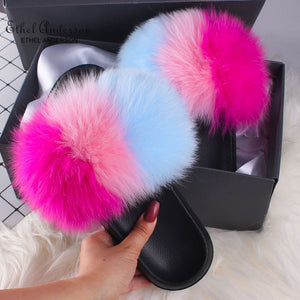 ETHEL ANDERSON Fur Slippers Women Real Fox Fur Slides Furry Flat Sandals Female Cute Fluffy Shoes