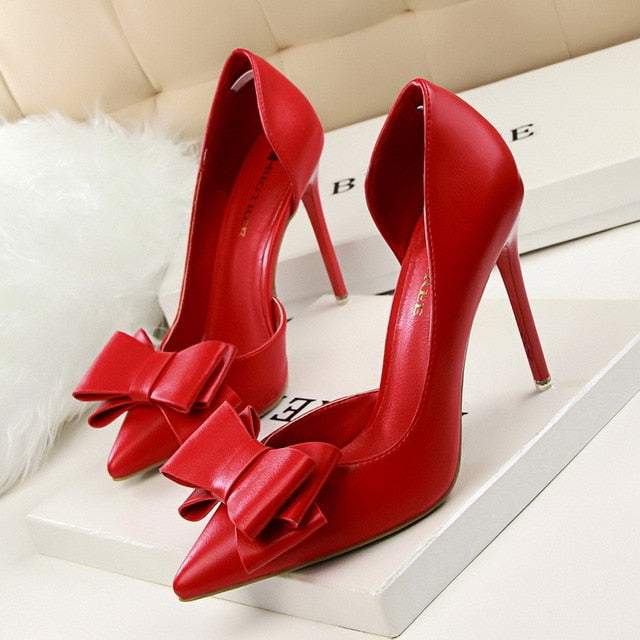 2020 Fashion Delicate Sweet Bowknot High Heel Shoes Side Hollow Pointed Women Pumps Pointed Toe 10.5CM thin Dress Shoes