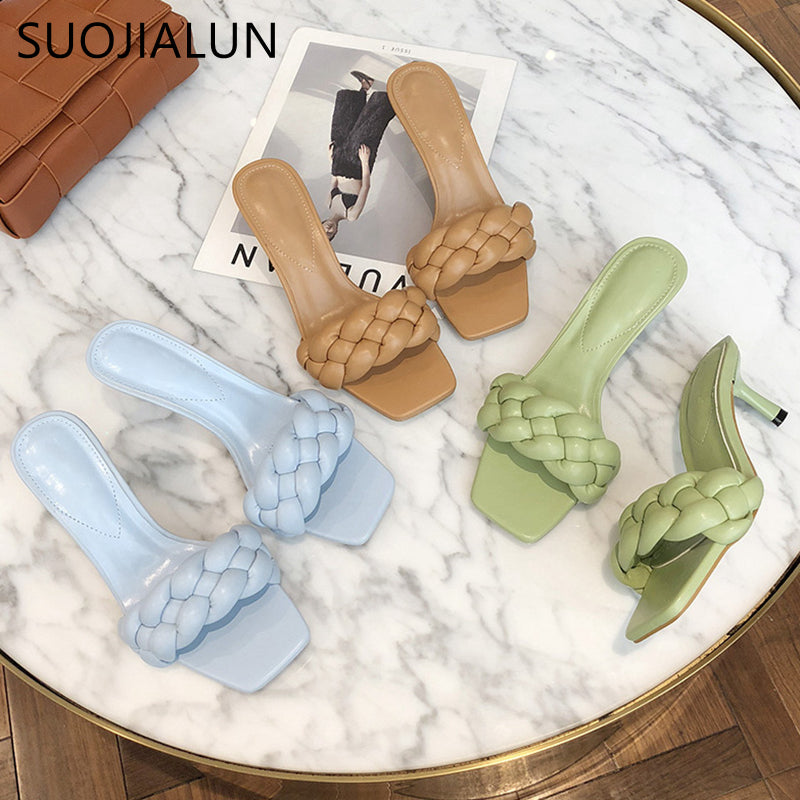 SUOJIALUN 2020 New Design Weave Women Slipper Ladies Thin High Heel Sandal Open Toe Slip On Summer Outdoor Slides Flip Flop Shoe